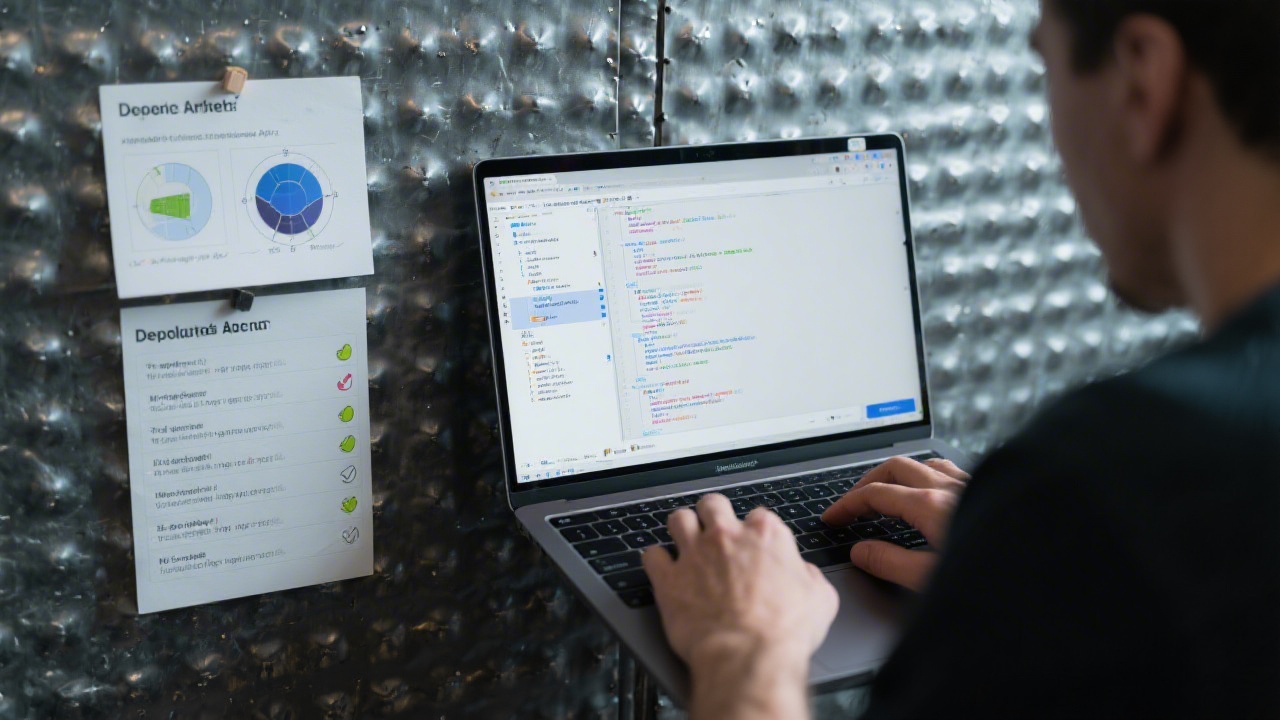 Close-up of a developer integrating machine learning APIs on a laptop, with code editor, model outputs, and deployment checklist pinned beside a metal-textured wall.