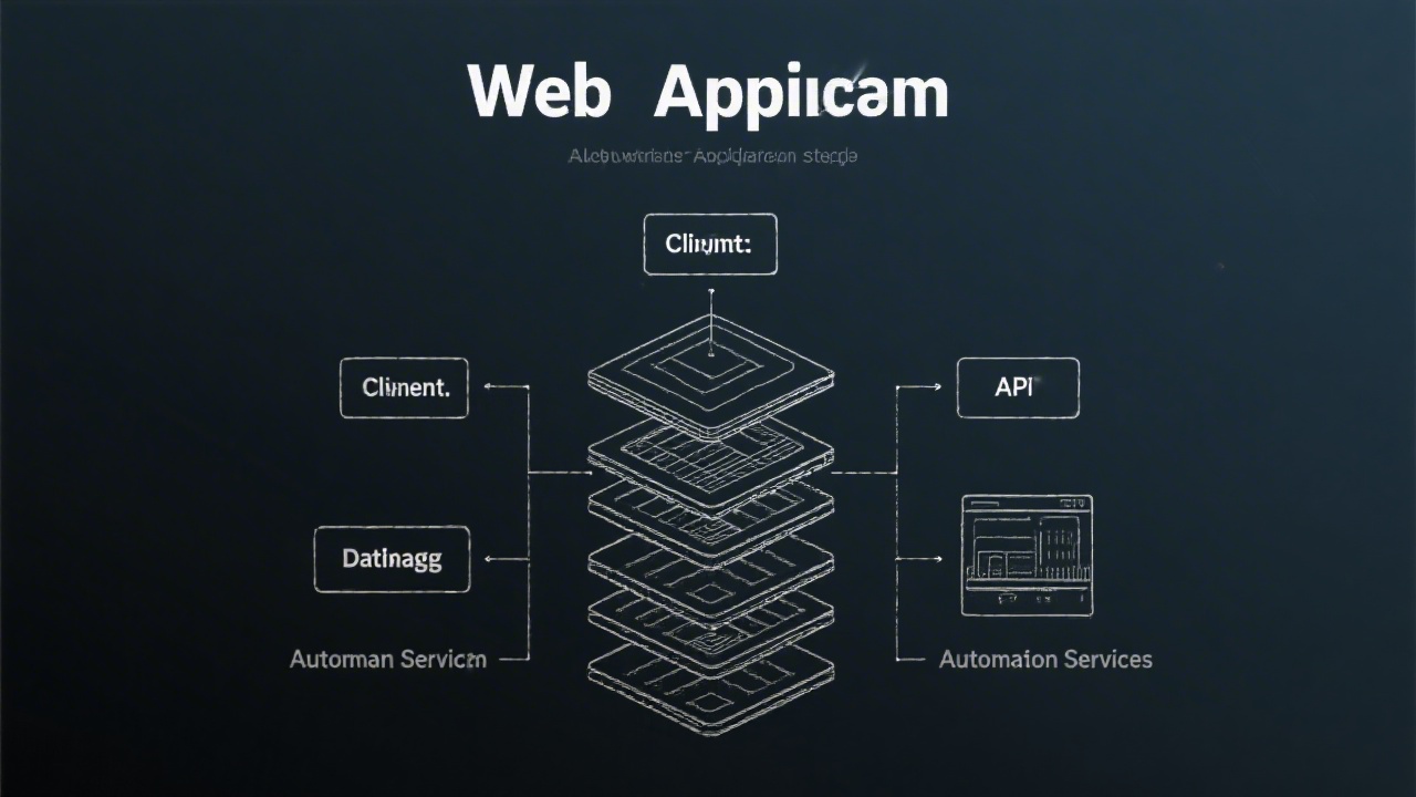 Clean schematic diagram of a web application stack showing client, API, database, and automation services, rendered in a minimalist blueprint style on dark background.