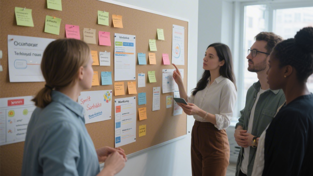 Team members standing at a tall collaboration board reviewing sprint cards, technical risks, and marketing tasks, emphasizing structured cross-functional execution.