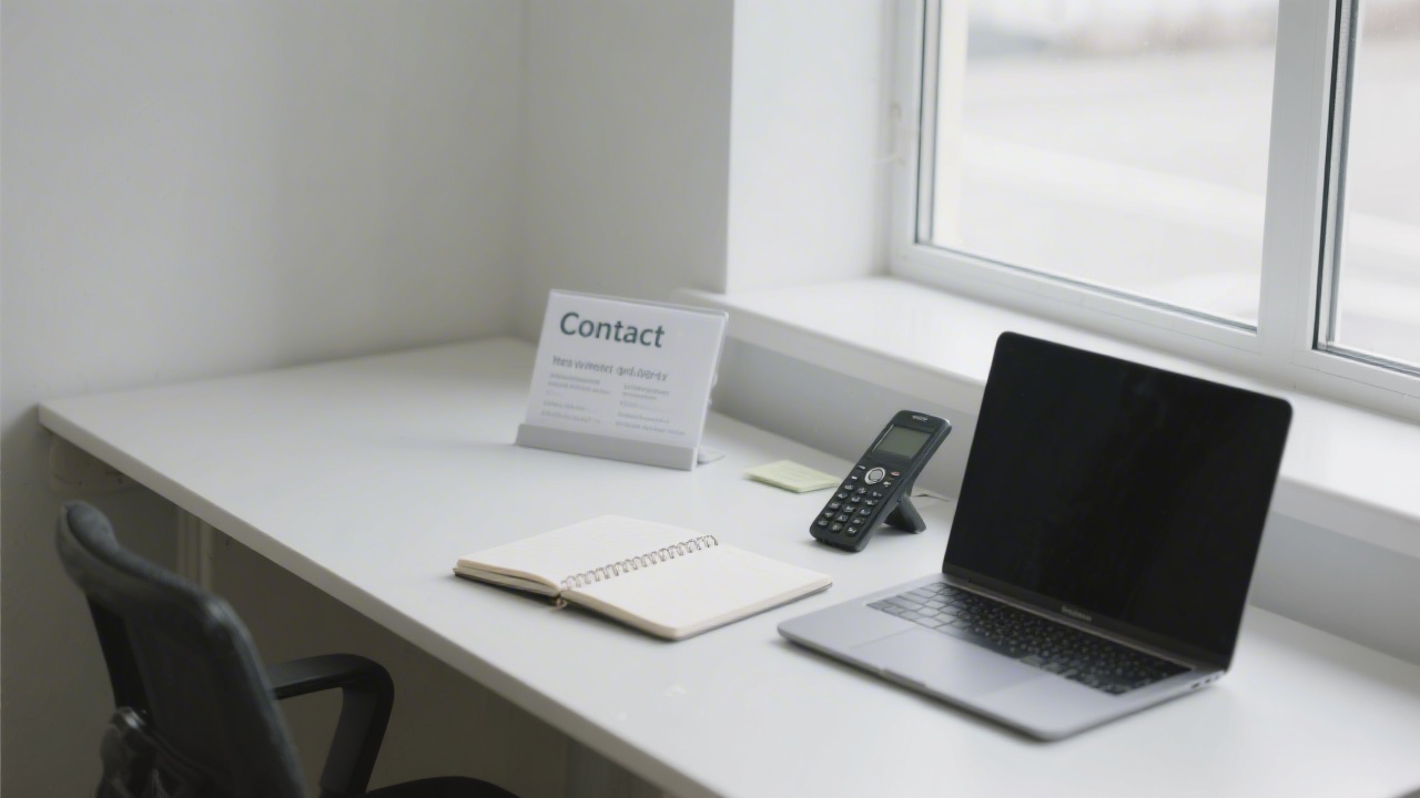 Neatly organized contact desk with notebook, mobile phone, and open laptop beside a window, indicating a professional point of communication for new inquiries.