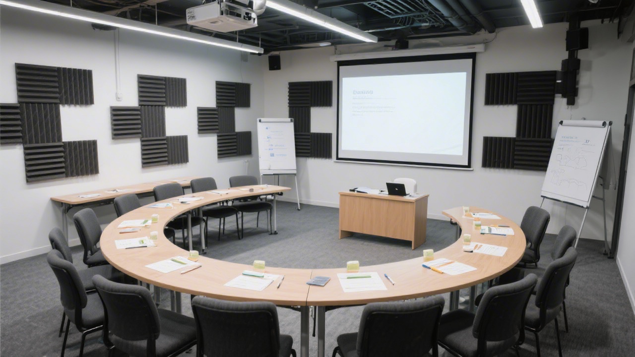 Facilitation room with circular seating, acoustic panels, and projection screens prepared for workshop exercises, reflecting a calm yet industrial training environment.
