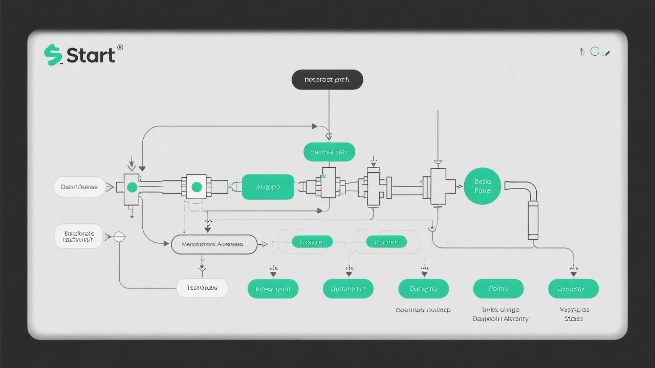 Flowchart-style visualization of data pipelines, integration points, and deployment stages for a startup platform, drawn with crisp lines and clear labels.