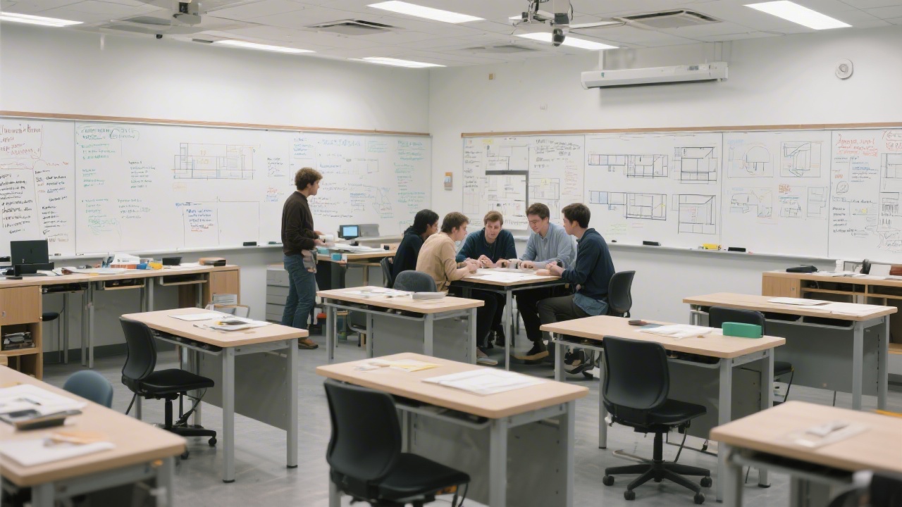 Wide view of a studio classroom with modular desks, large whiteboards filled with architecture notes, and participants collaborating in small groups during a technical build sprint.